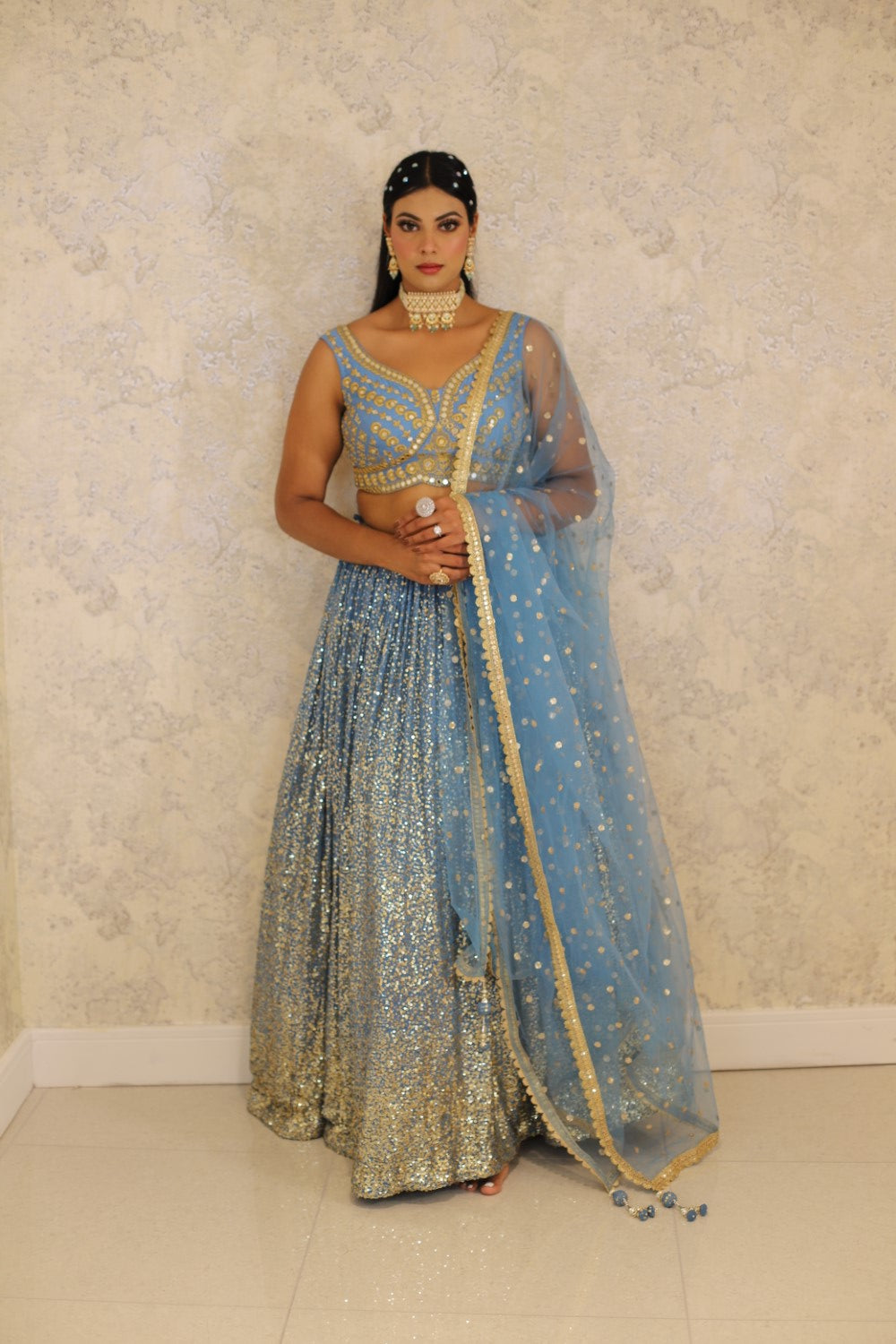 Blue Lehenga And Blouse Satin Patchwork Embroidered Floral Leaf Neck Brocade Set Main image