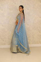 Blue Lehenga And Blouse Satin Patchwork Embroidered Floral Leaf Neck Brocade Set