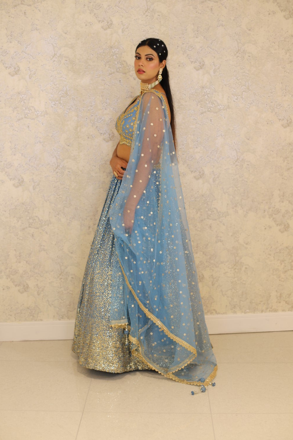 Blue Lehenga And Blouse Satin Patchwork Embroidered Floral Leaf Neck Brocade Set