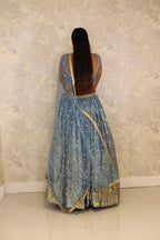 Blue Lehenga And Blouse Satin Patchwork Embroidered Floral Leaf Neck Brocade Set