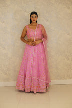 Pink Net Embellished Sequin Sweetheart Floral Crystal Lehenga Set