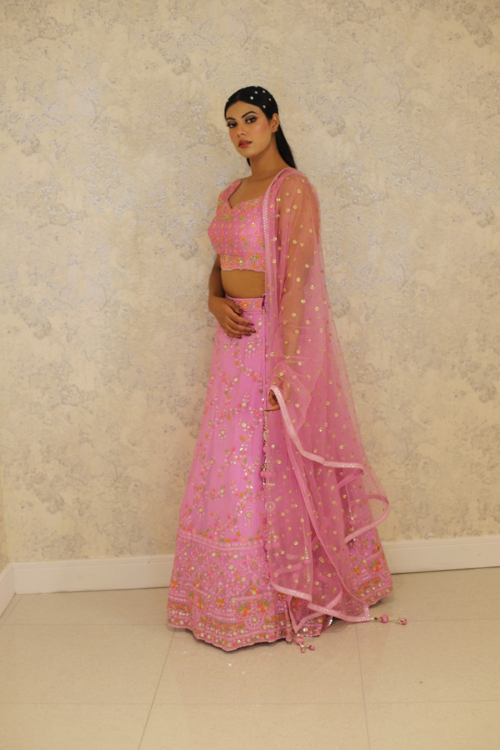 Pink Net Embellished Sequin Sweetheart Floral Crystal Lehenga Set Secondary image