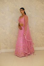 Pink Net Embellished Sequin Sweetheart Floral Crystal Lehenga Set