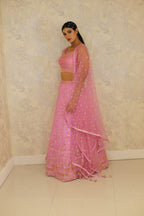 Pink Net Embellished Sequin Sweetheart Floral Crystal Lehenga Set