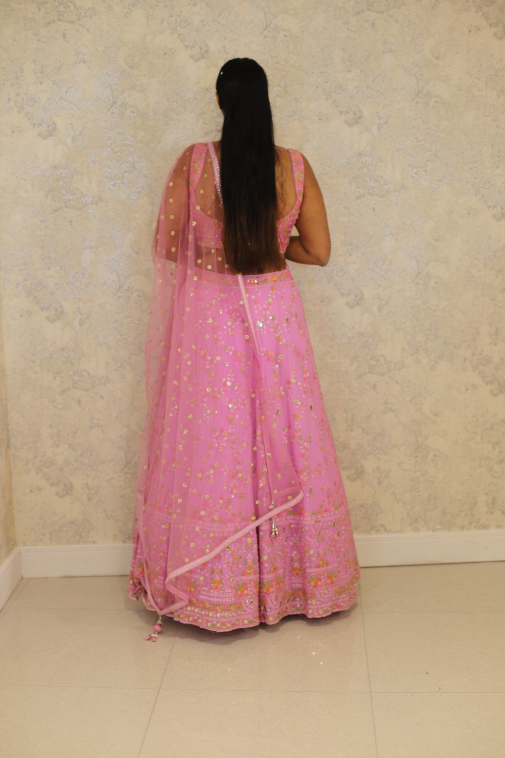 Pink Net Embellished Sequin Sweetheart Floral Crystal Lehenga Set
