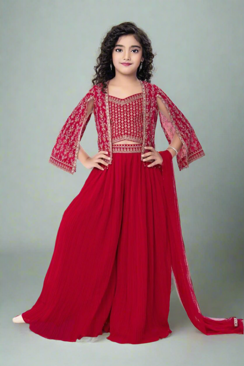 Kid's Deep Red Jacket Style Lehenga - 3 Colours