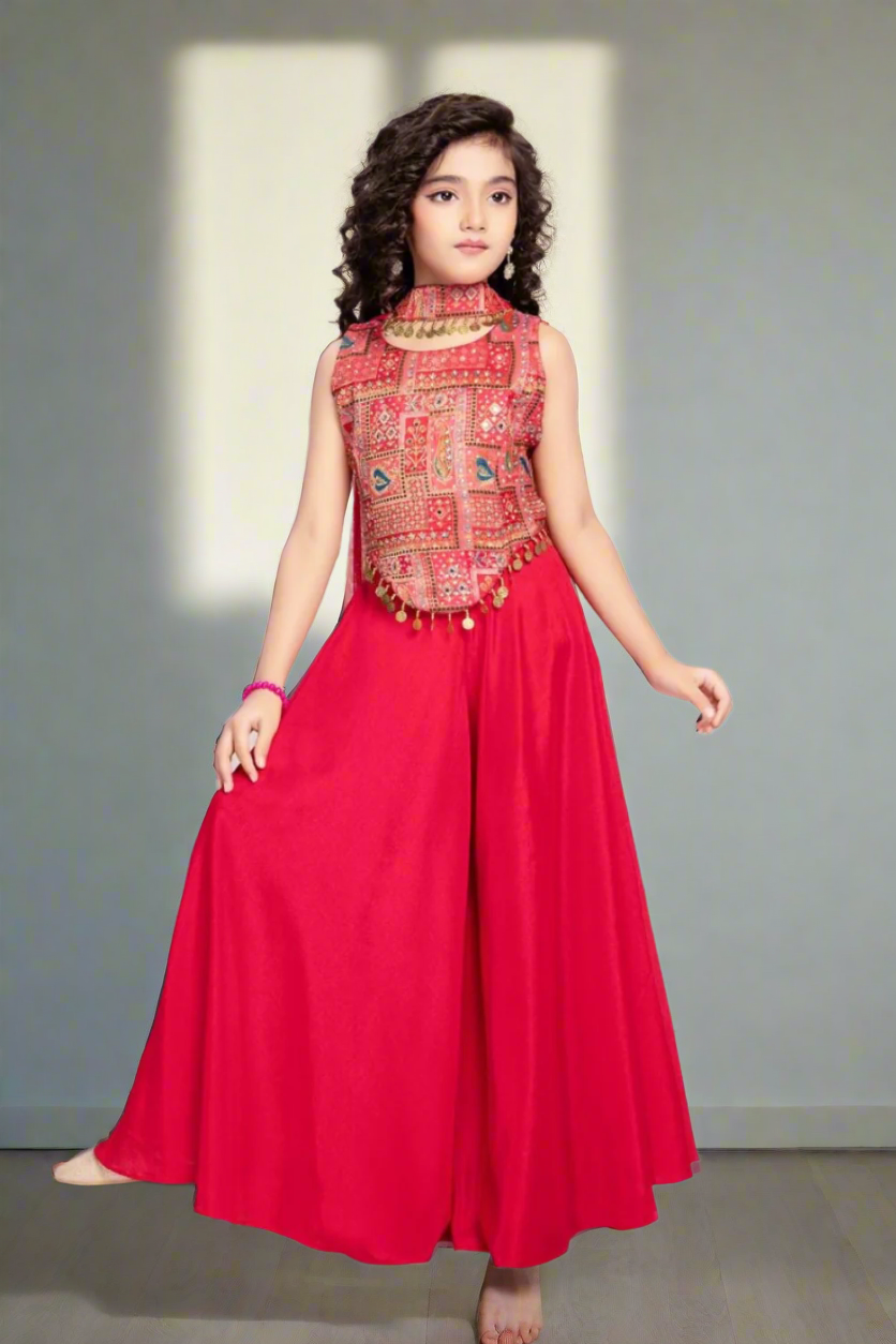 Kid's Bright Red Lehenga Dress with Embroidered Top