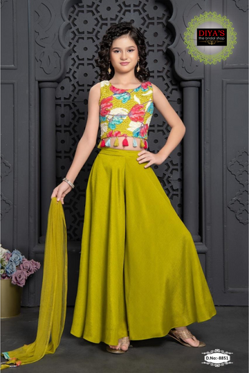 Olive Green Palazzo Lehenga with Multicolor Embroidered Crop Top