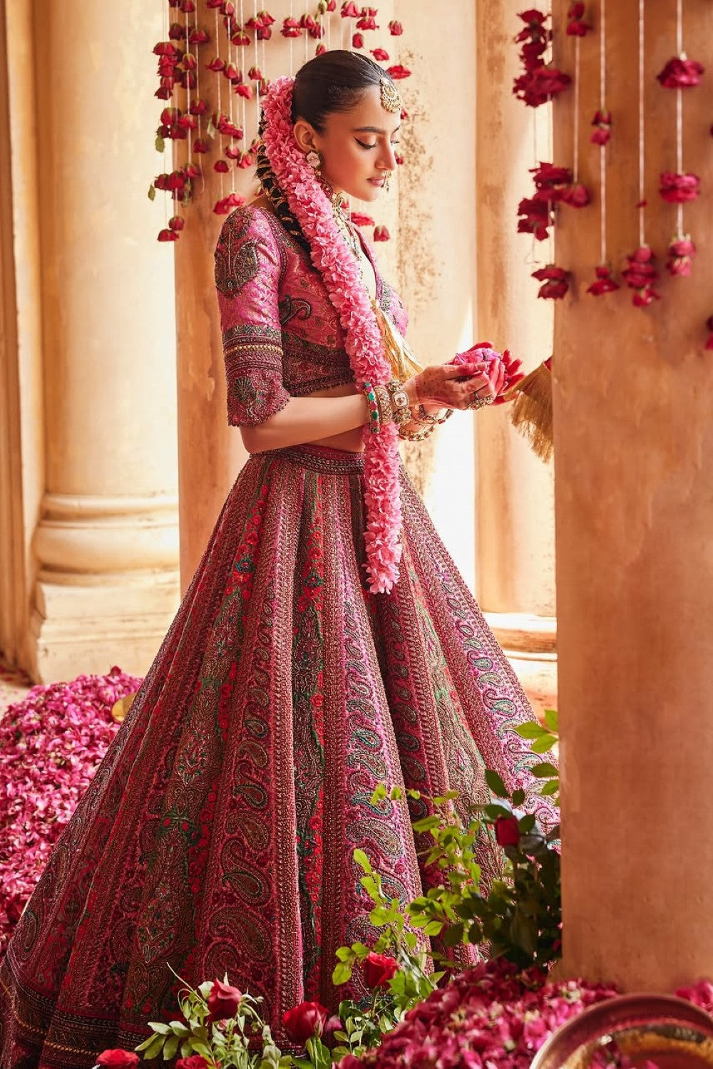 Wine color Hand Embroidered Nakshi Bridal Lehenga Set Main image