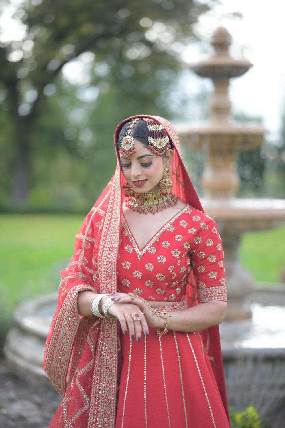 Red Silk Embroidered Zardosi French Knots Bridal Lehenga Set