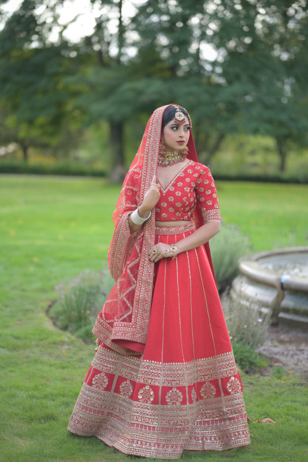 Red Silk Embroidered Zardosi French Knots Bridal Lehenga Set Secondary image