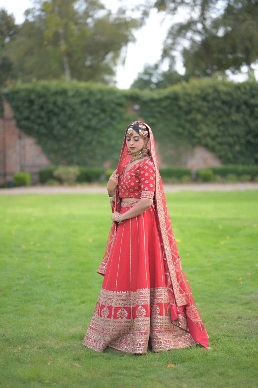 Red Silk Embroidered Zardosi French Knots Bridal Lehenga Set