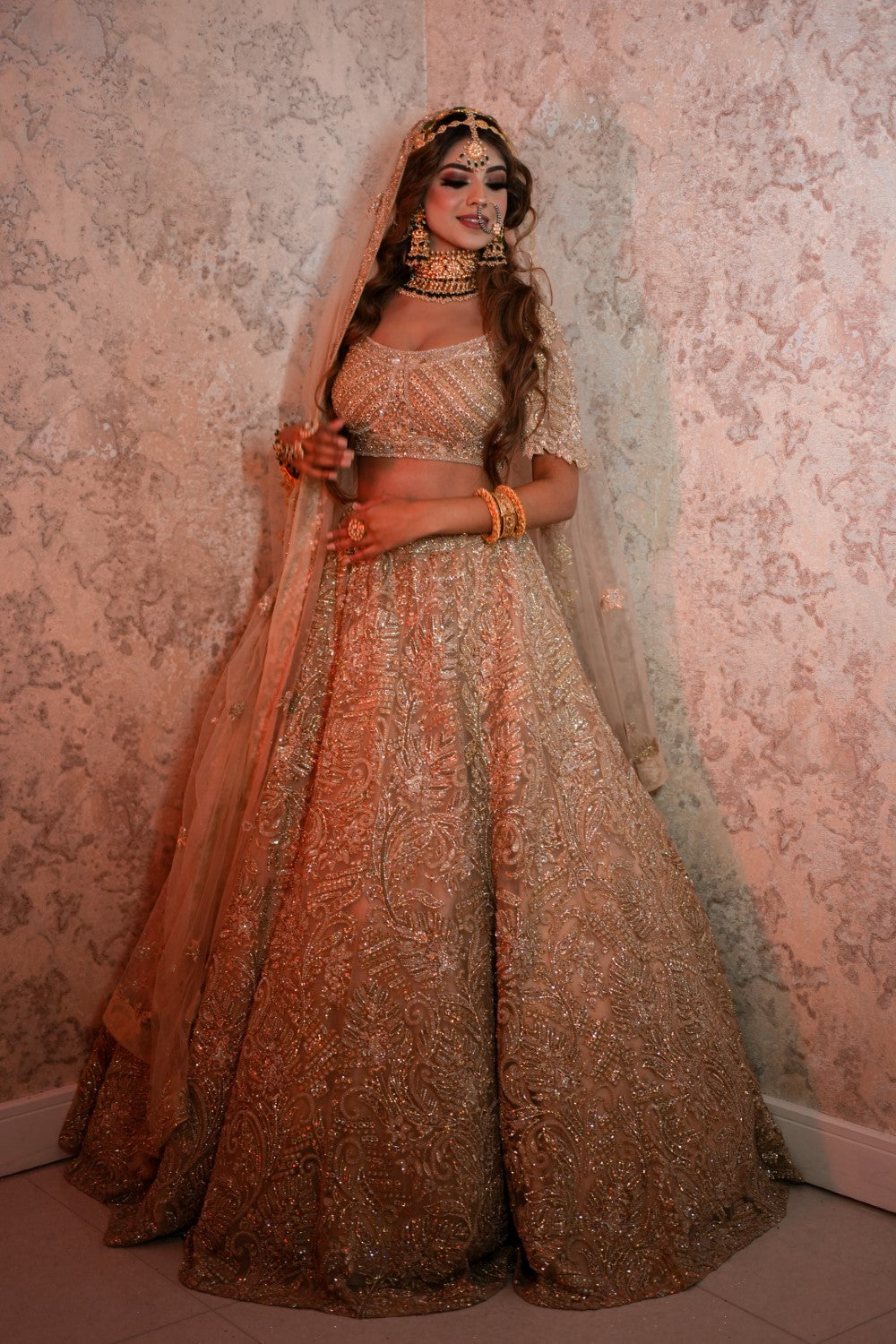 Gold Silk Satin Embroidery Sequins V Neck Shimmery lehenga set Main image