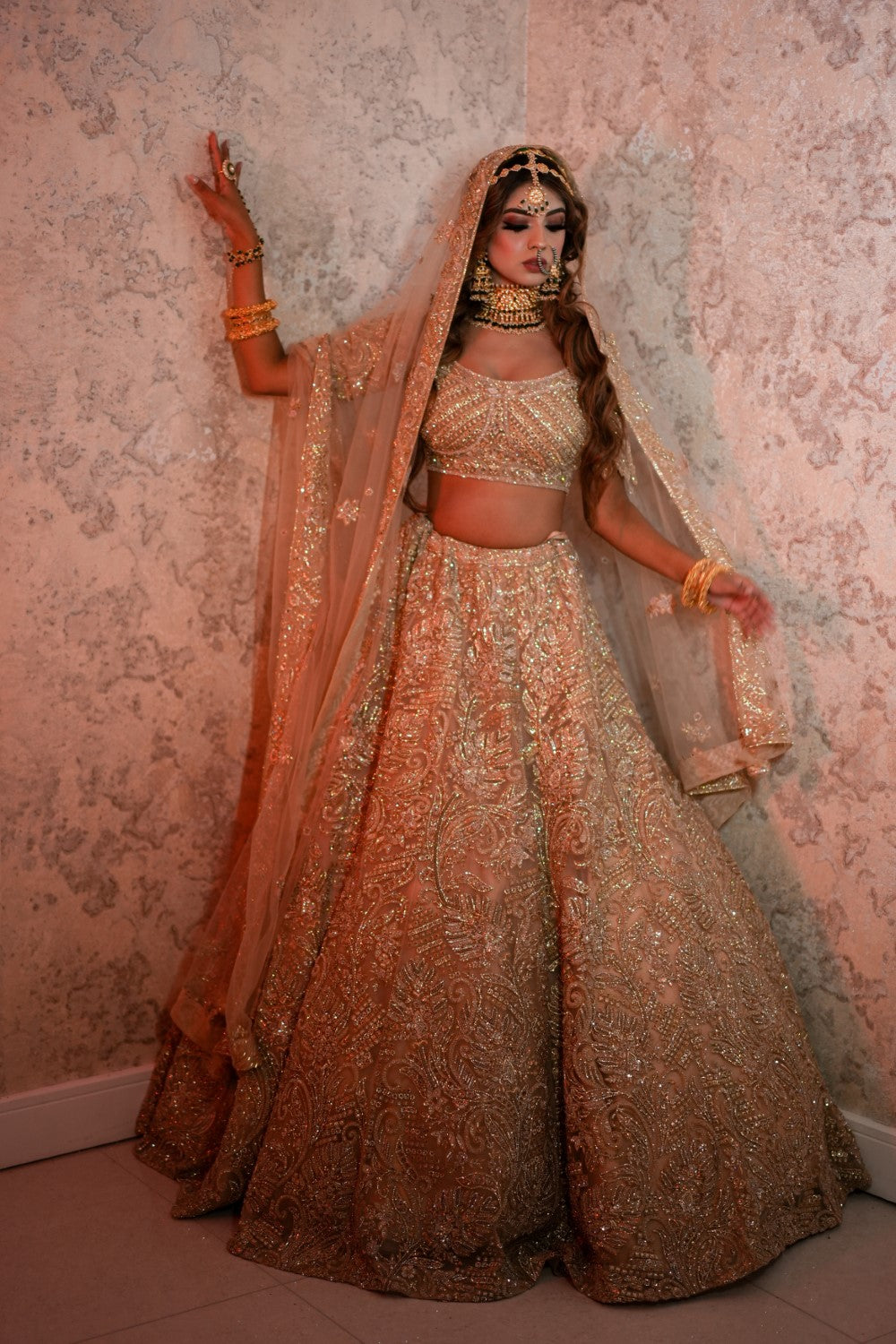 Gold Silk Satin Embroidery Sequins V Neck Shimmery lehenga set Secondary image