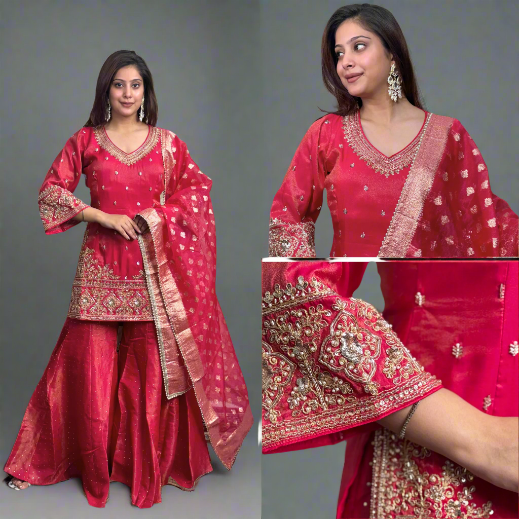 Radiate elegance in our stunning deep pink embroidered sharara suit. Main image