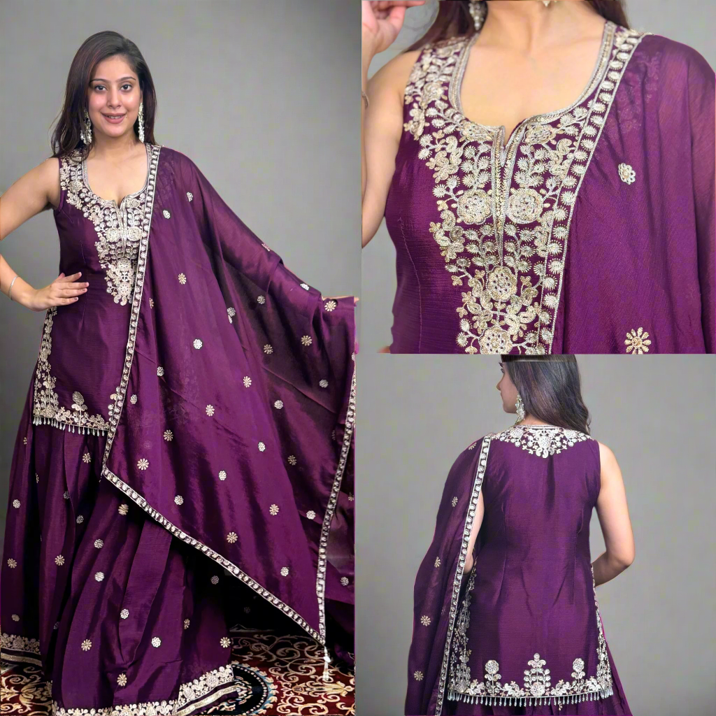Elegant plum sharara suit with silver embroidery. Main image