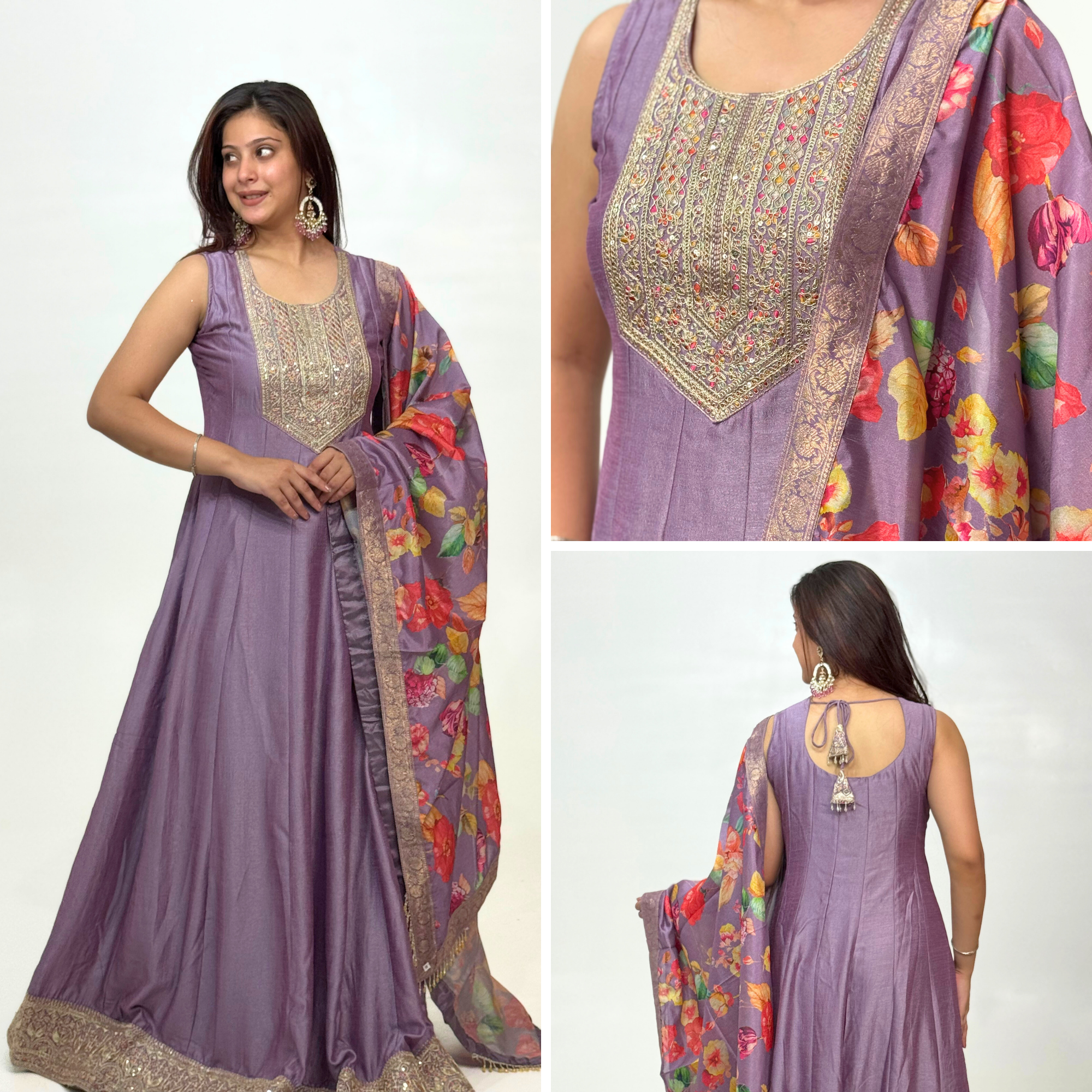 Lavender Anarkali suit with embroidered yoke, floral dupatta. Main image