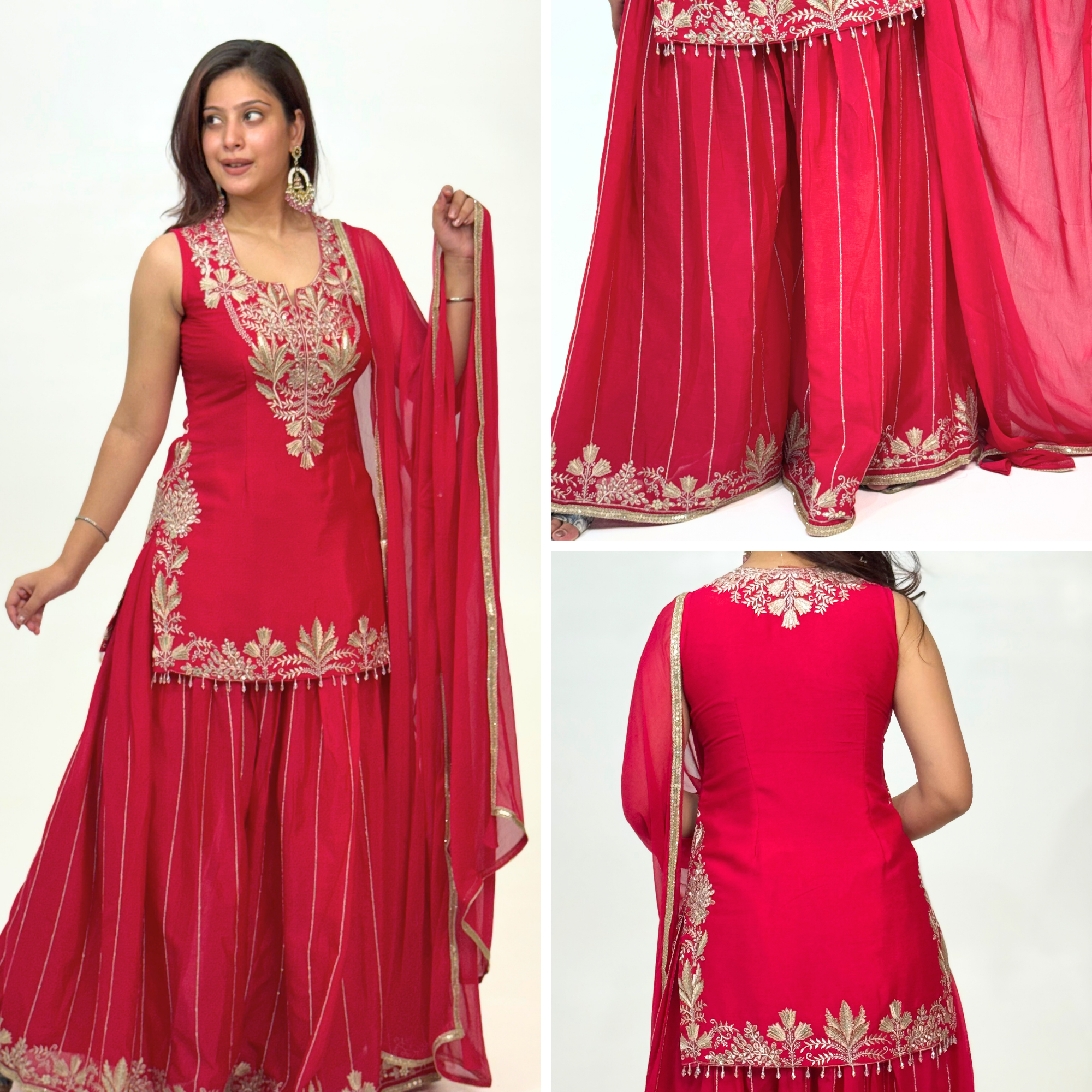 Red sharara suit with gold embroidery, tassels, flared pants, and sheer dupatta.