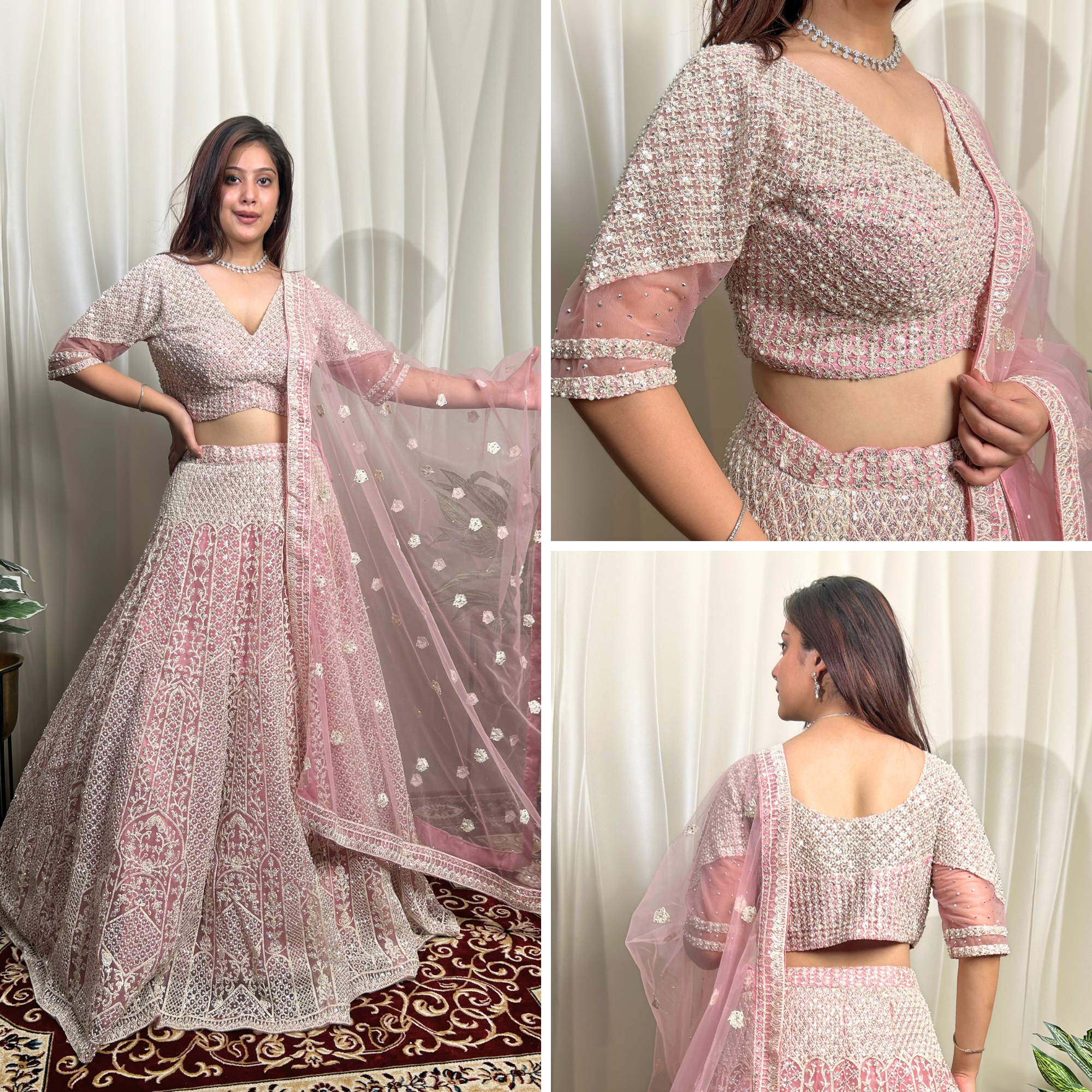 Blush pink lehenga with intricate sequins, delicate net dupatta.
