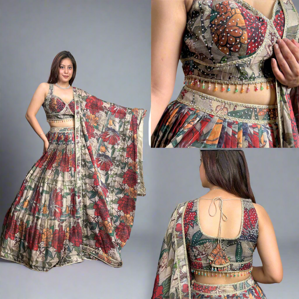 Handcrafted floral lehenga set, detailed with mirror work and bead tassels.