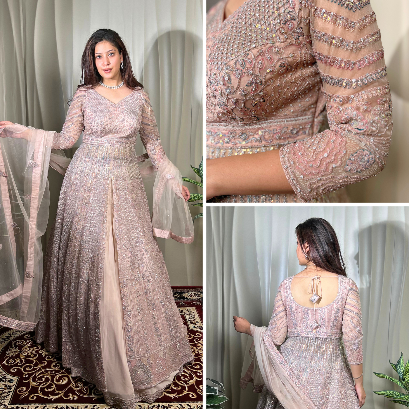 Blush pink gown features intricate hand embroidery