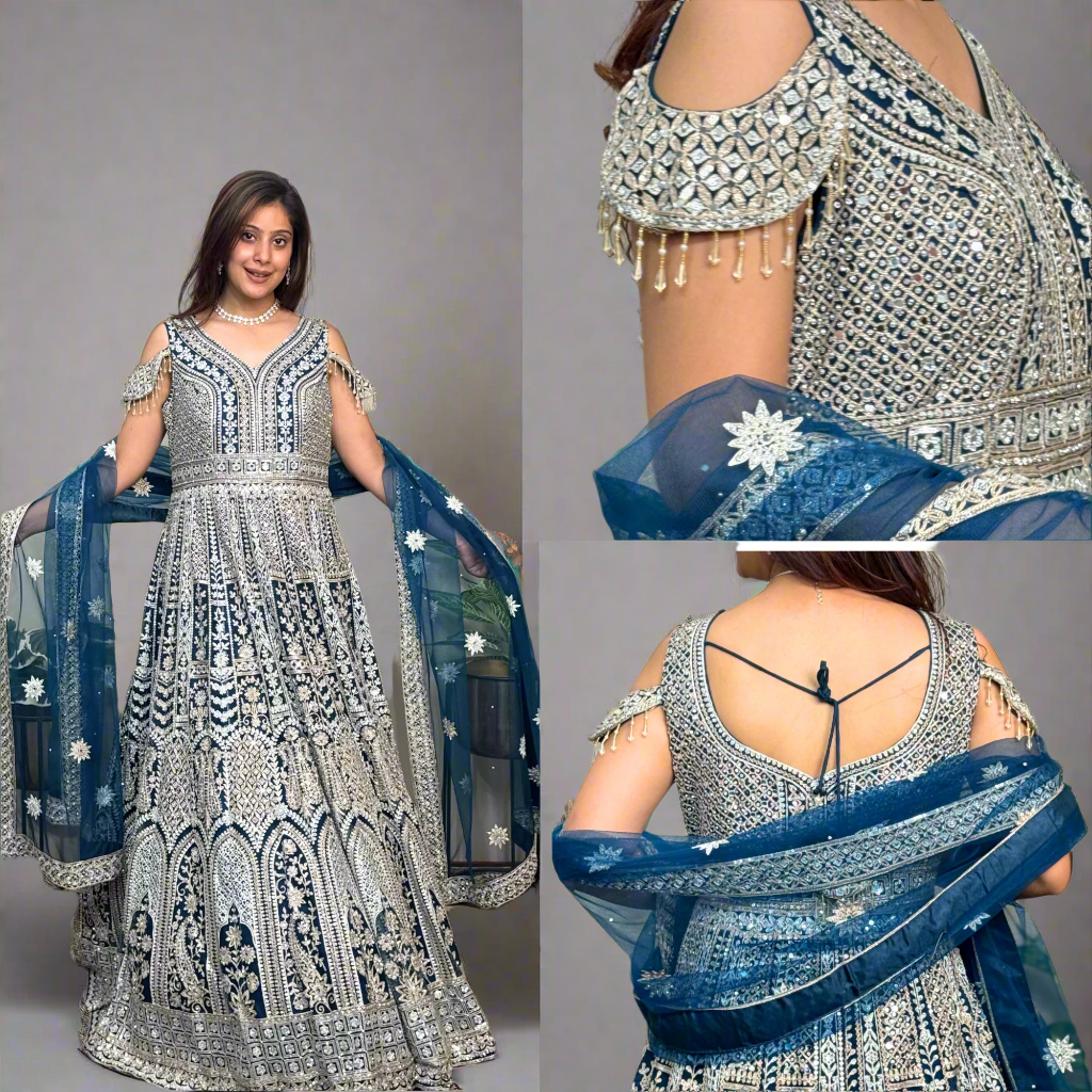 navy blue lehenga dazzles with intricate silver embroidery Main image