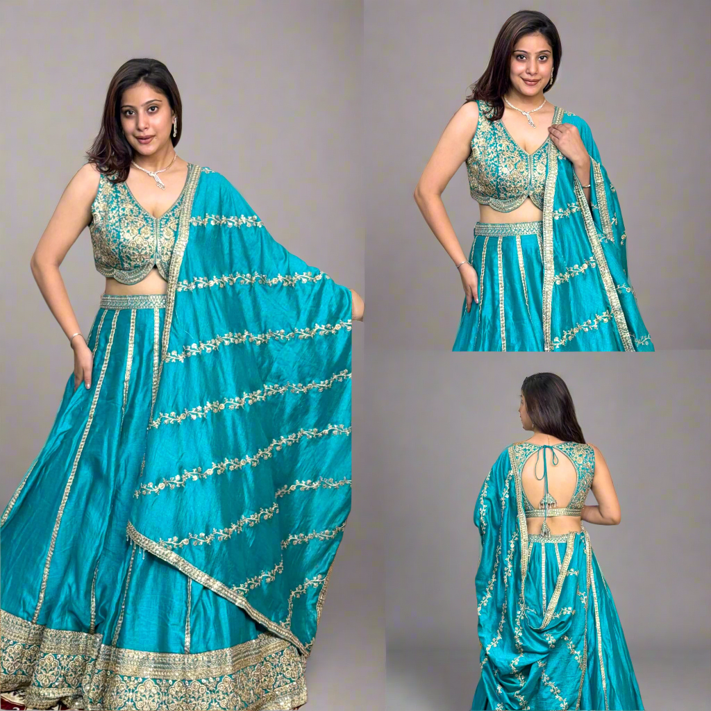 Navy blue lehenga dazzles with intricate silver embroidery.