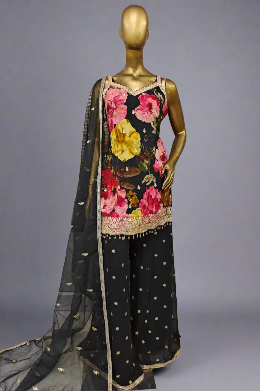 Vibrant floral black palazzo suit with intricate embroidery