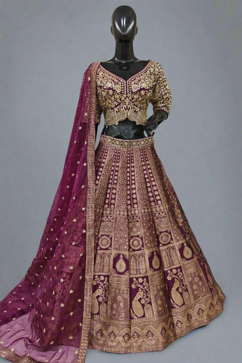 Stunning green lehenga set featuring rich golden embroidery.