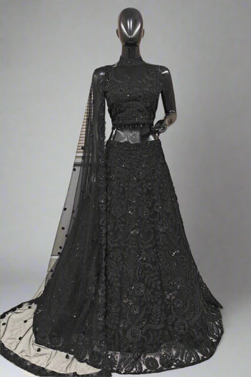 Stunning black designer lehenga with intricate sequin embroidery.