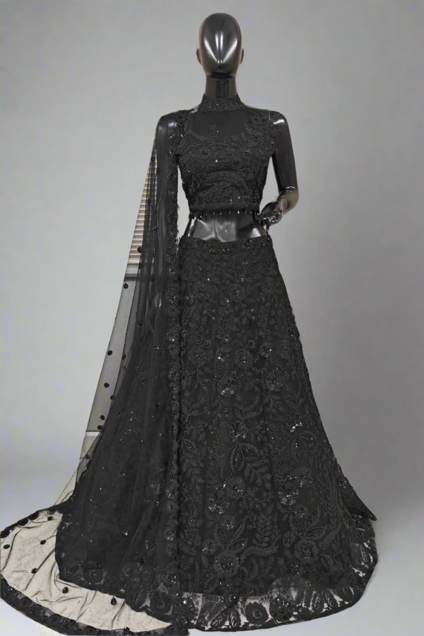 Stunning black designer lehenga with intricate sequin embroidery.