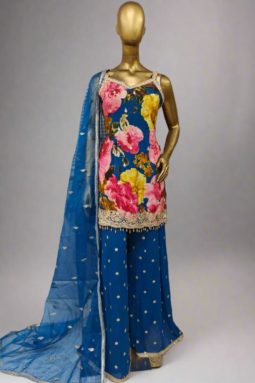 Vibrant floral black palazzo suit with intricate embroidery