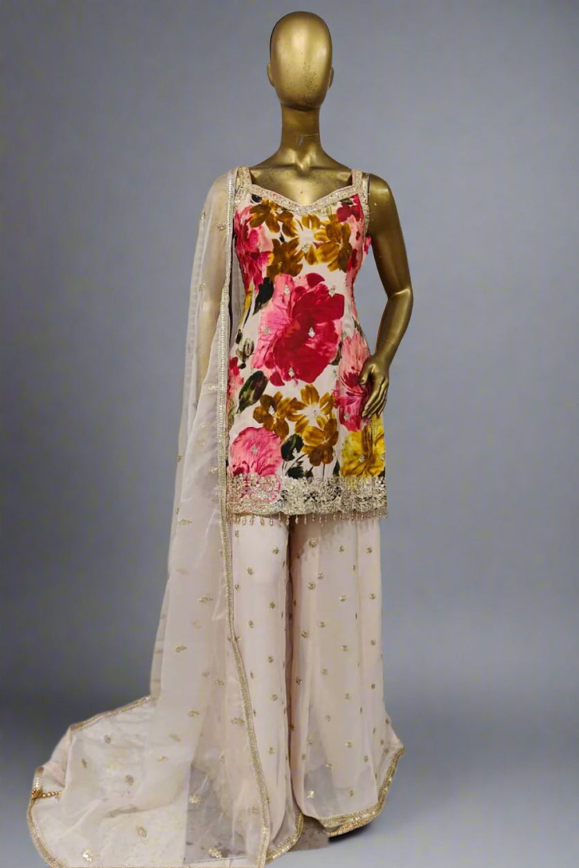 Vibrant floral black palazzo suit with intricate embroidery