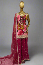 Vibrant floral black palazzo suit with intricate embroidery