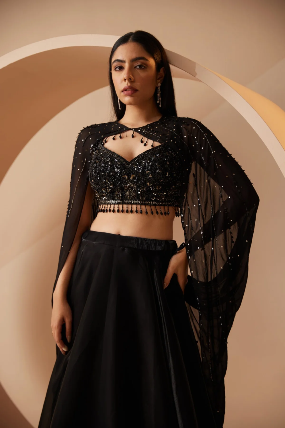 Black Lehenga Organza Embellished Sequin V Neck Bead Secondary image