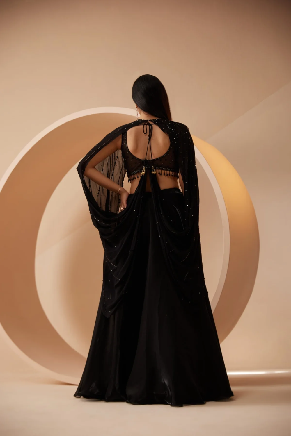 Black Lehenga Organza Embellished Sequin V Neck Bead