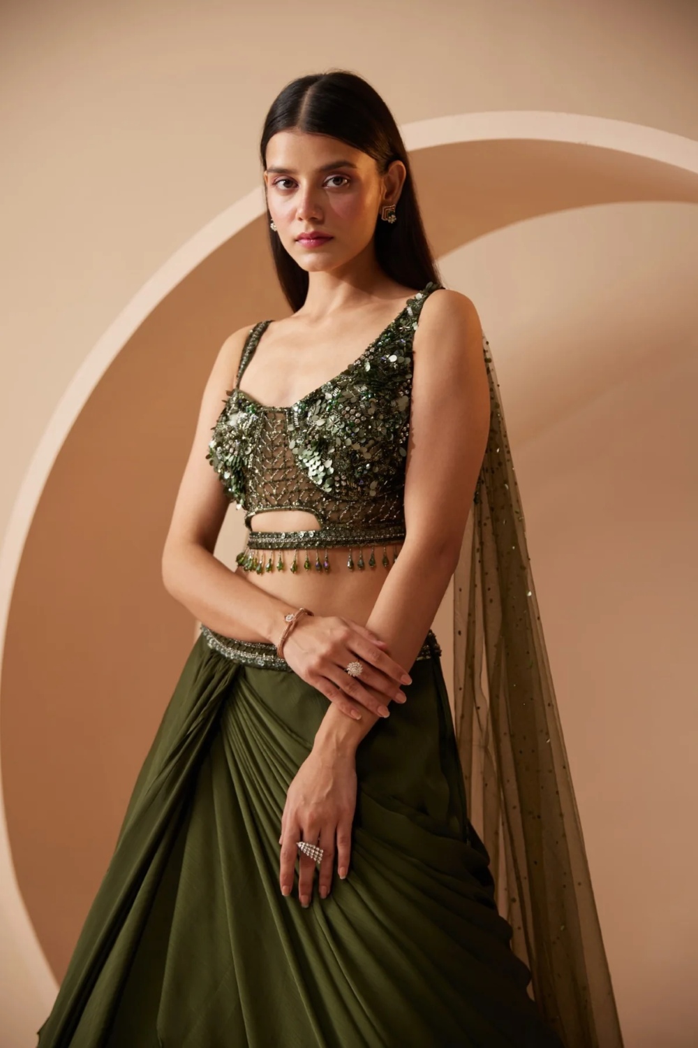 Green Lehenga Embroidery Sequins V Neck Flower Set