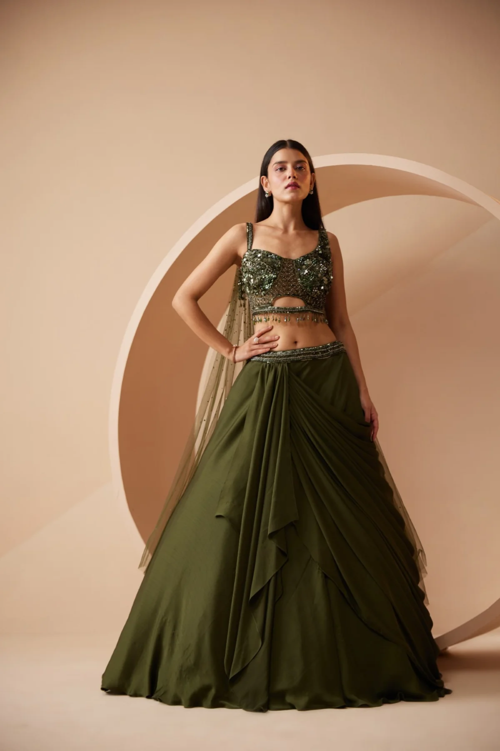 Green Lehenga Embroidery Sequins V Neck Flower Set