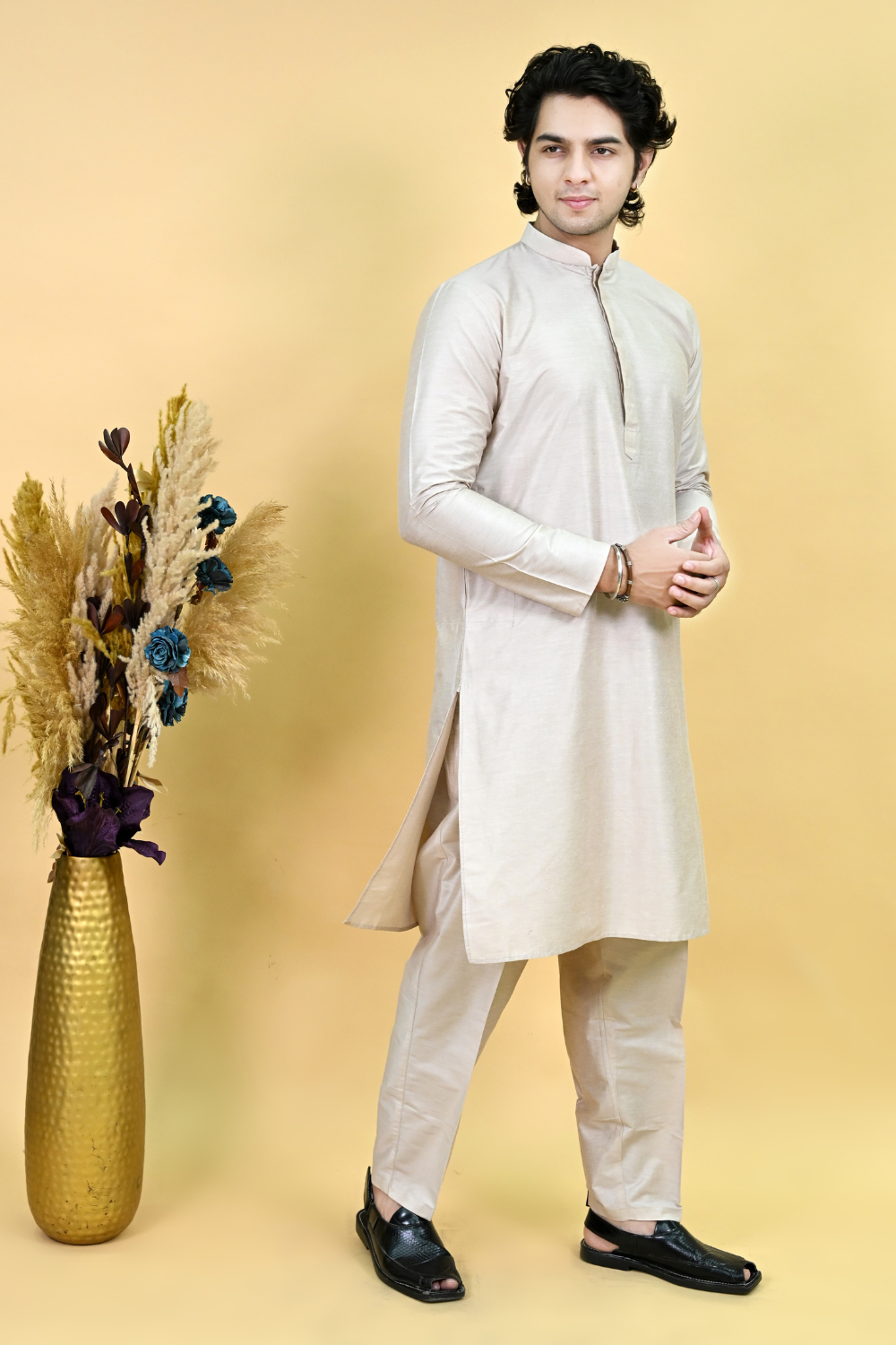 Men Beige Solid Kurta Pajama Secondary image