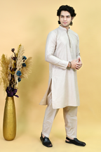 Men Beige Solid Kurta Pajama