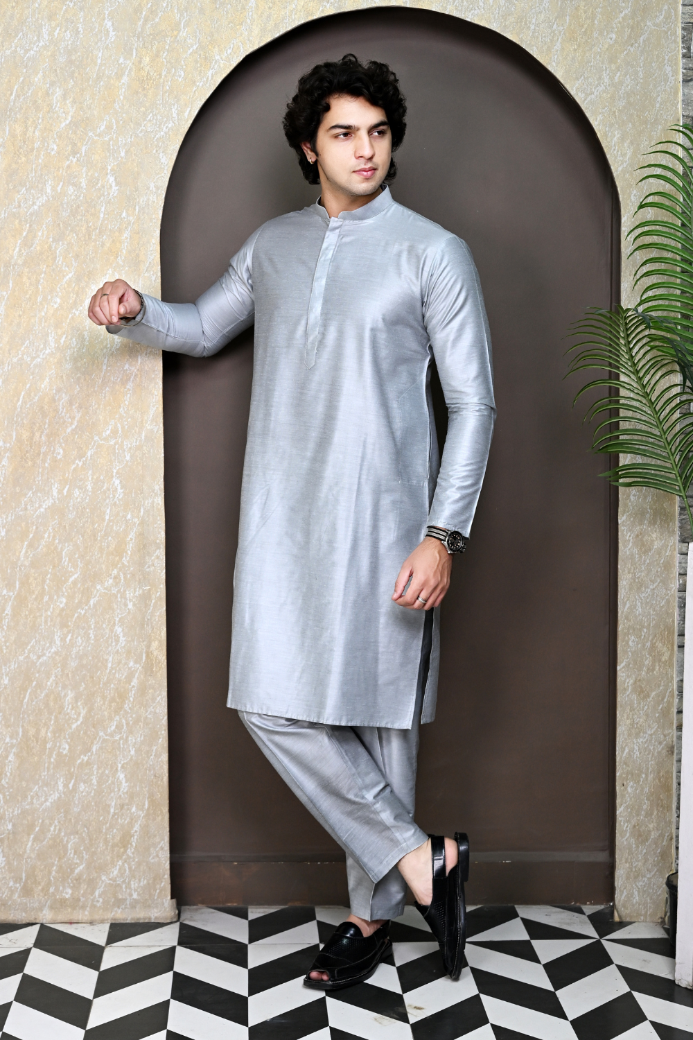 Men Grey Raw Silk Kurta Pajama Secondary image