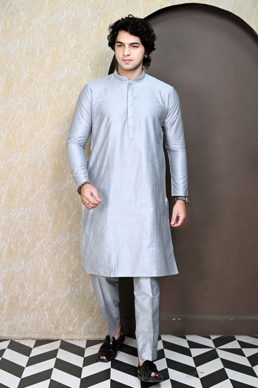 Men Grey Raw Silk Kurta Pajama