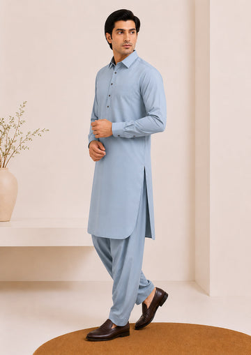Powder Blue French Collar Kameez Shalwar - Men