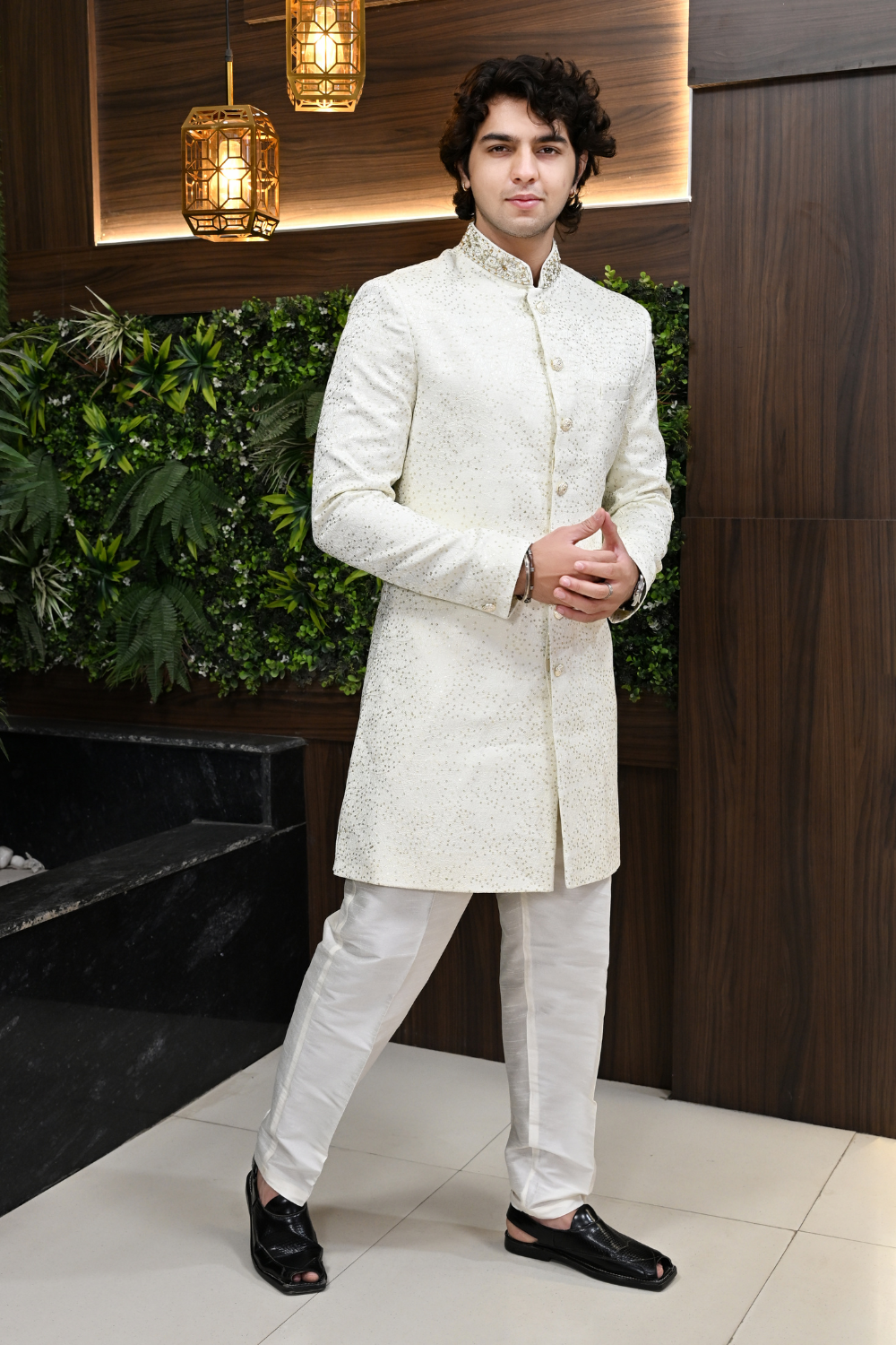 Men Sherwani in Ivory Jacquard  with Zari Work