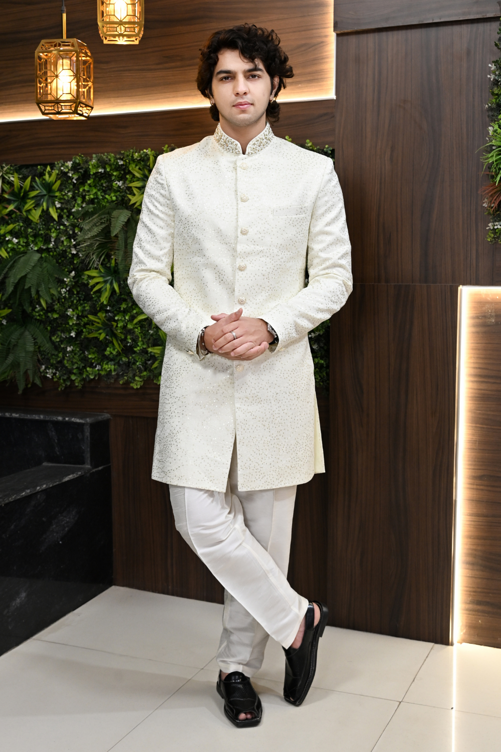 Men Sherwani in Ivory Jacquard  with Zari Work