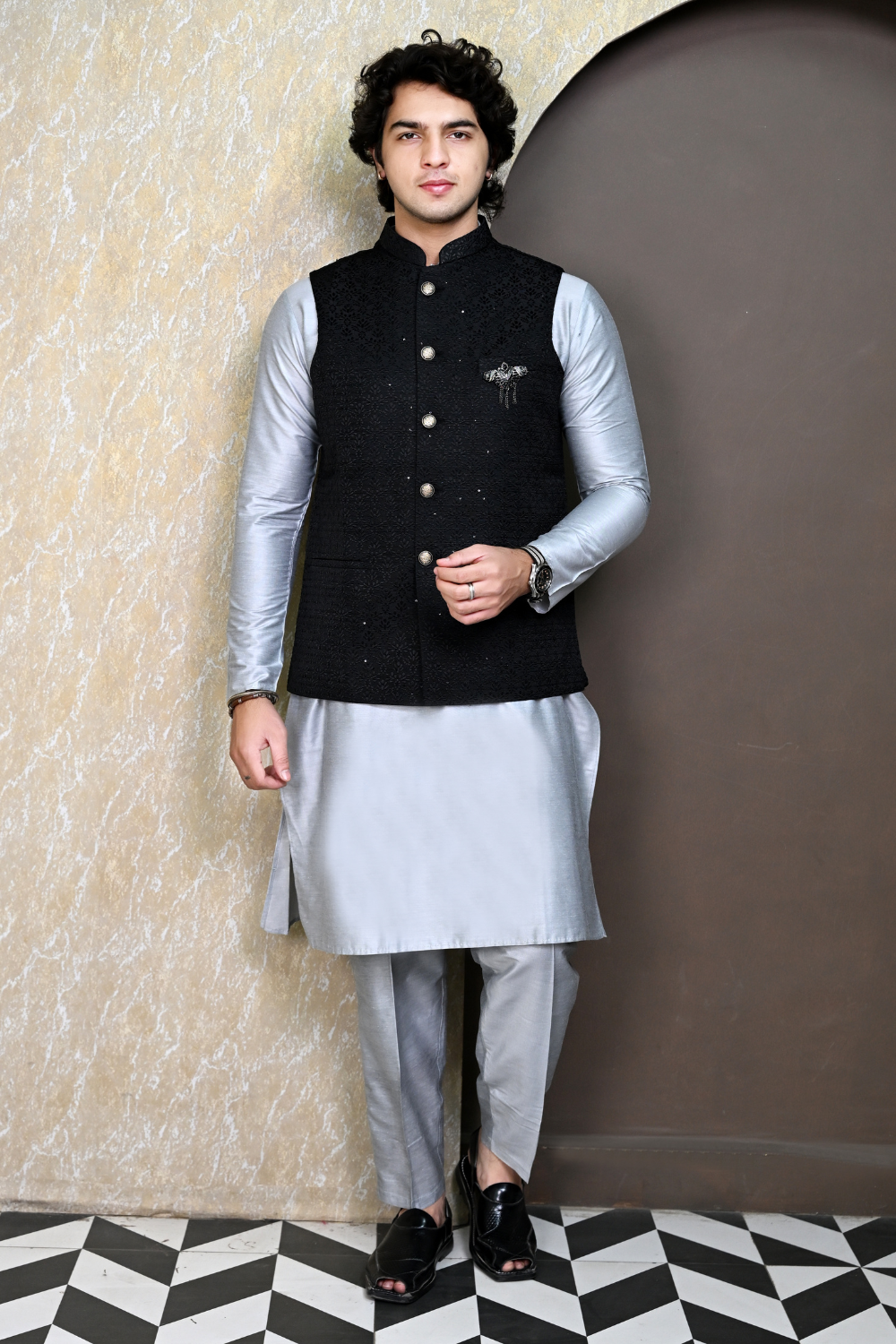 Men's Black Embroidered Waist coat