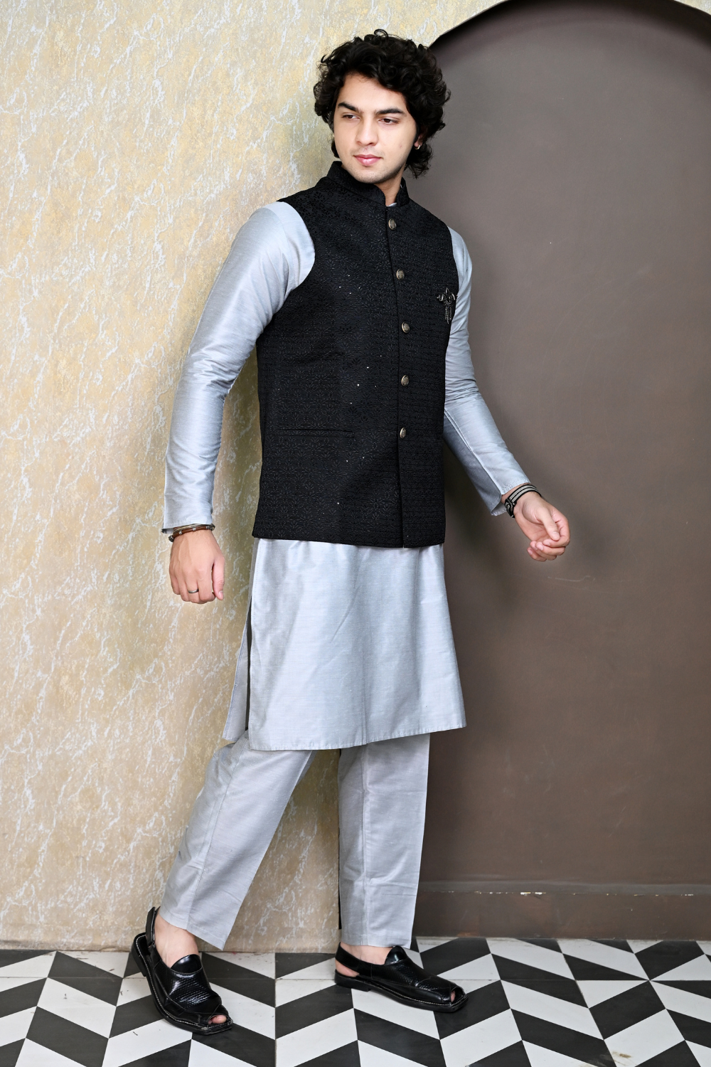 Men's Black Embroidered Waist coat