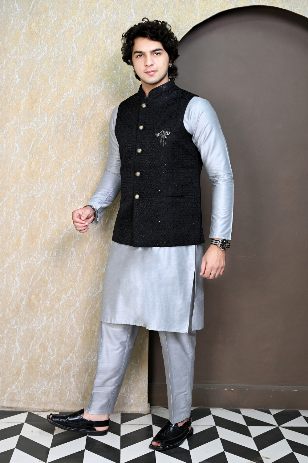 Men's Black Embroidered Waist coat