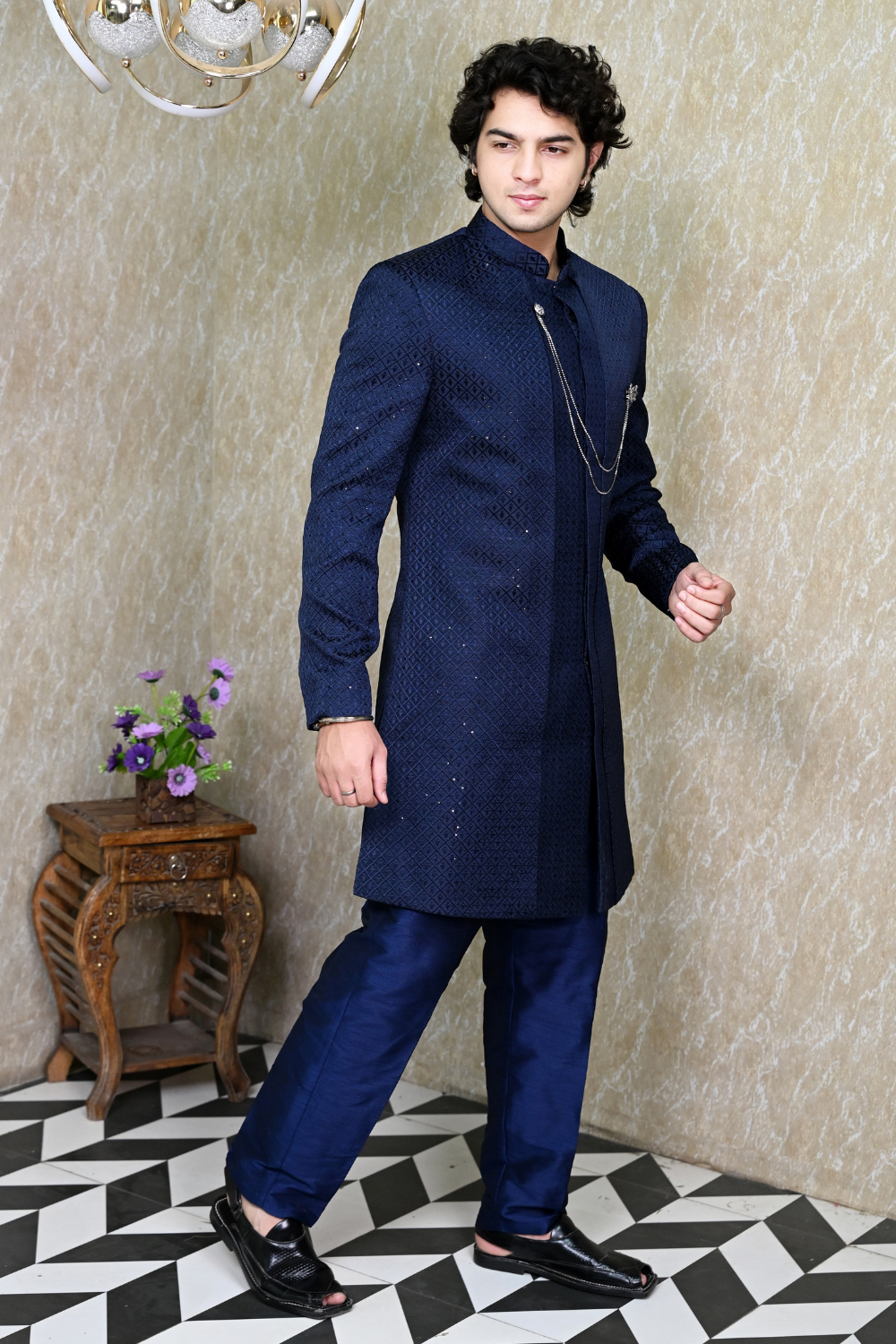 Men's Navy Blue Embroidered Sherwani