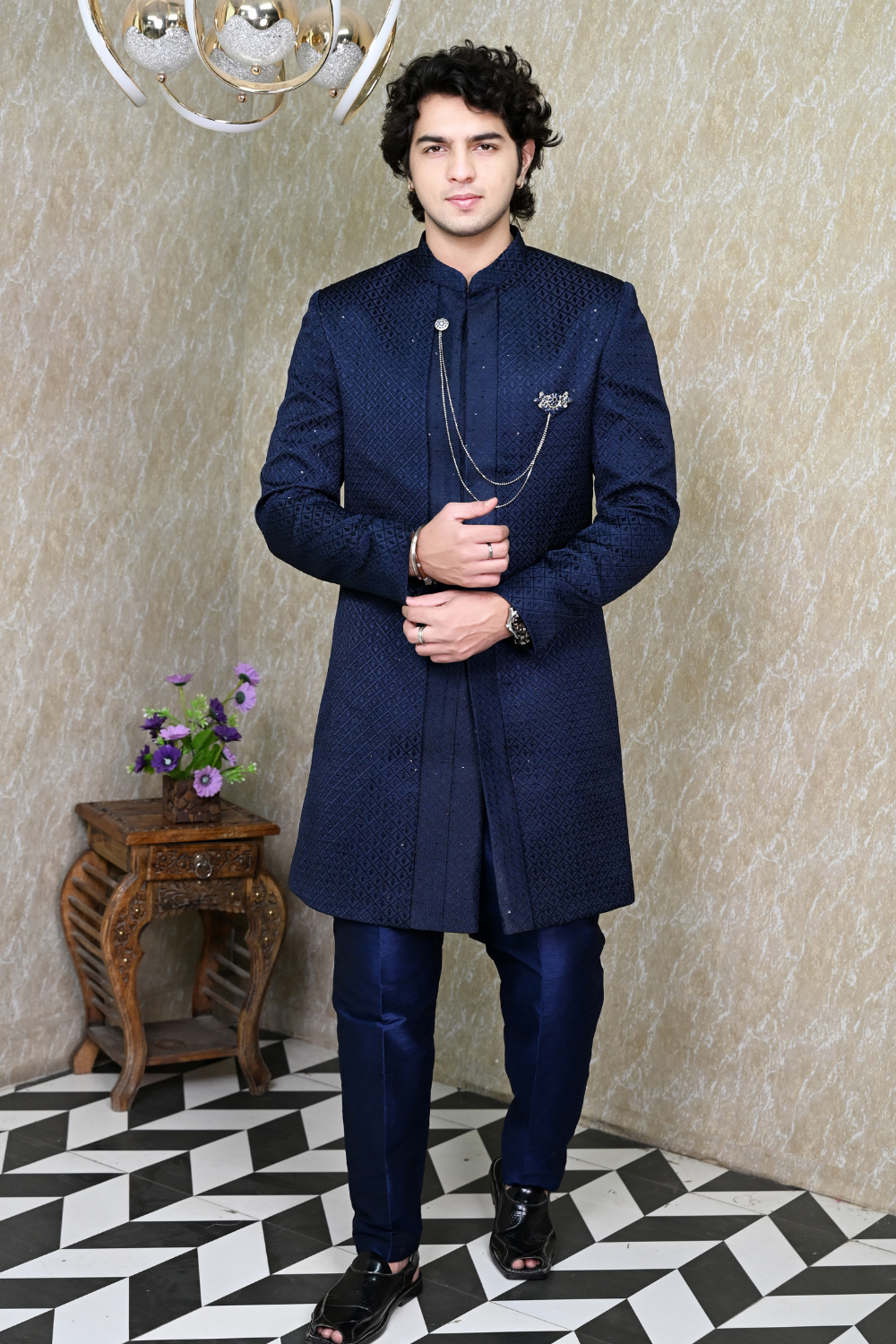 Men's Navy Blue Embroidered Sherwani